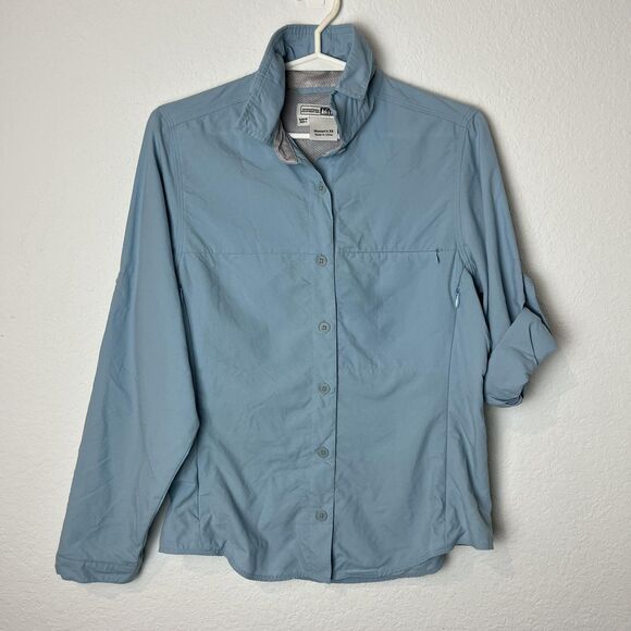 REI Shirt Womens XS Blue UPF 30 Sun Hiking Button Up Roll Tab Nylon Fishing - Picture 1 of 8